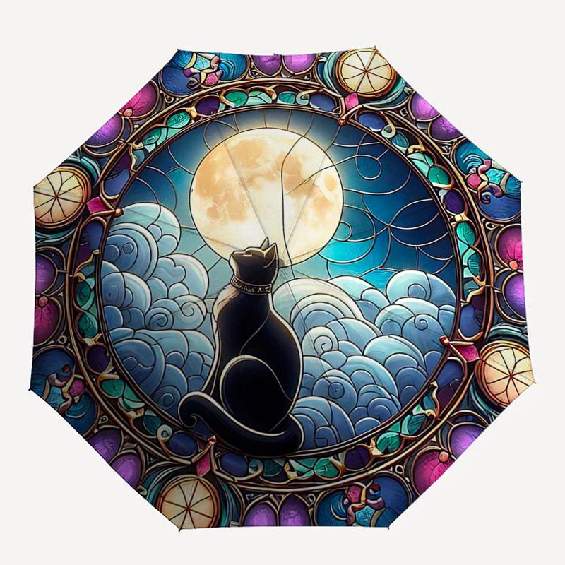 1 Stück Buntglas Katze Mond Wolken Design Automatischer Faltregenschirm - Tragbares 3-fach Design mit 8-Speichen Eisenrahmen, Outdoor für Fans, Reisende, Täglich