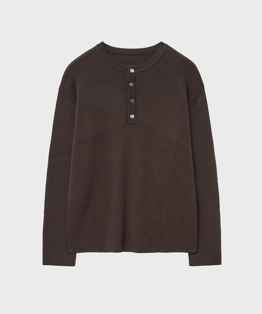 NOIRER Cotton Ribbed Henley Neck Knit (Deep Brown)