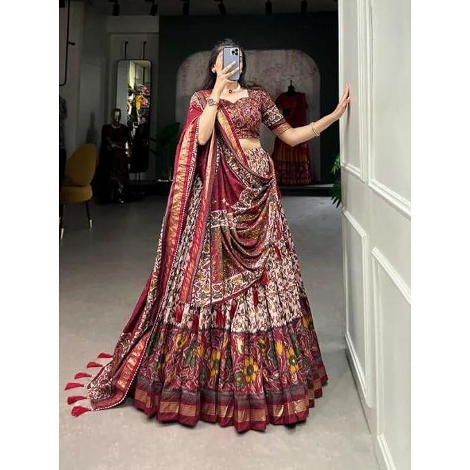 Dámská dokonale Kolekce Tussarové hedvábí Lehenga Choli Patola potisk s fóliovou prací, Nesešitá halenka,
