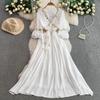 Ethnic Style Red Splicing Woven Fringed V-neck Long-sleeved Dress Women's Summer Waist and Thin Big Swing Dress