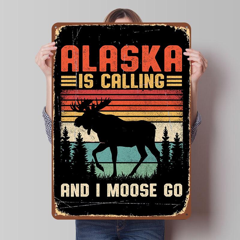 Alaska Moose Retro Travel Poster Customized Vintage Metal Signs Wall Art Retro Tin Plaque for Mancave Decoration Room Desk Decor