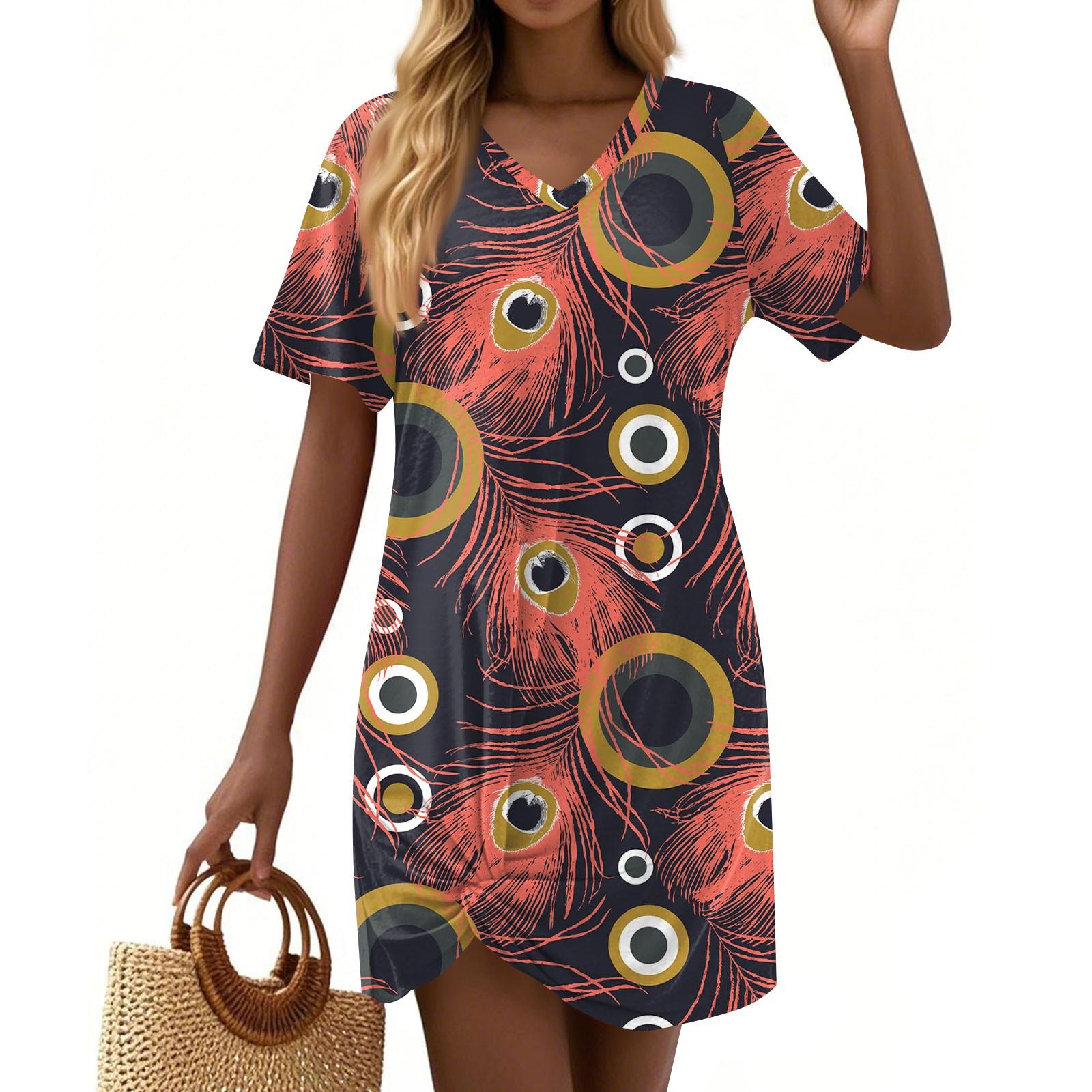 

Women s Summer Casual Feather Printed Hem Knotted Short Sleeve Dresses M кавовий