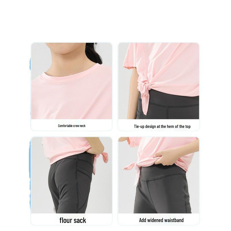 Girls' Short-Sleeve Ice Silk Activewear Set: Quick-Dry Elastic Yoga Flare Pants - Two-Piece Parent-Child Summer Outfit