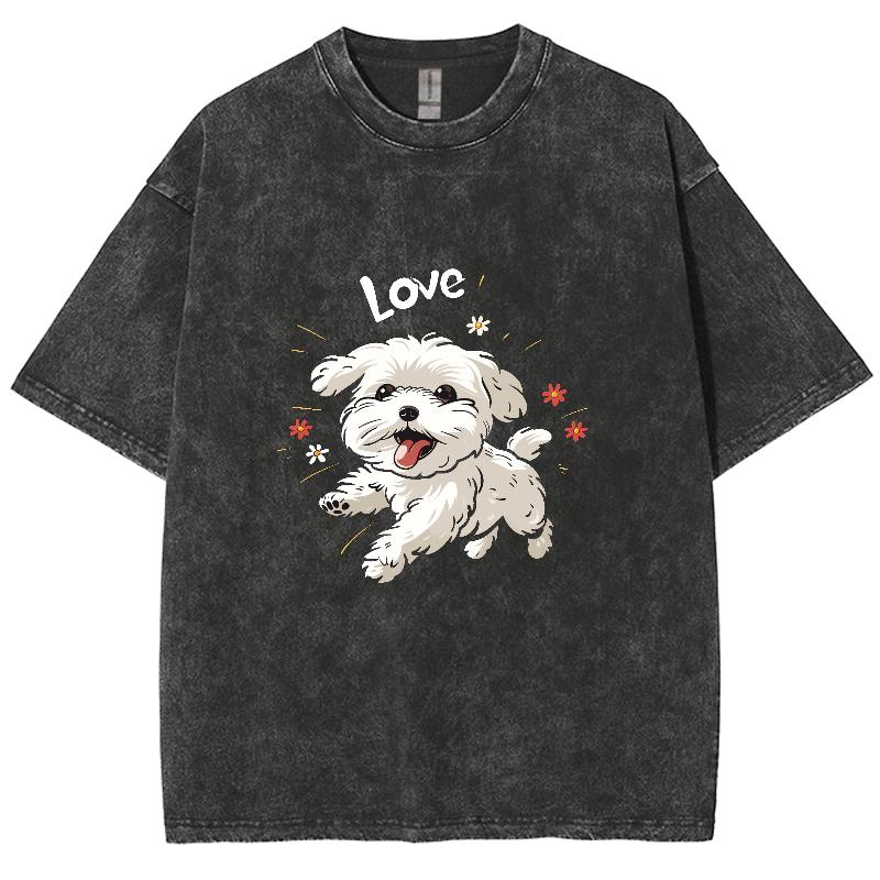 Hand Painted White Bichon Terrier Print Women Wash T-Shirt Oversized Crew Neck Cotton Half Sleeve Summer Cute Sweetheart Top