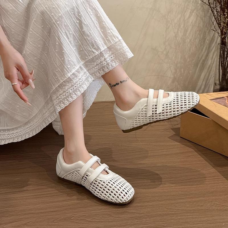 Niche Retro Woven Shallow Mouth Single Shoes Women's 2025 New Summer Mesh Breathable Soft Sole Casual Mary Jane Shoes Women