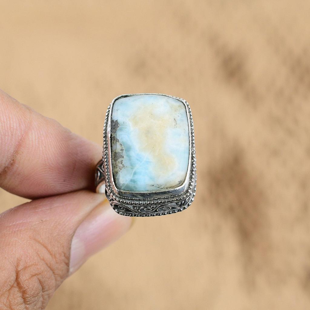 925 Sterling Silver Larimar Stone Wife Promise Vintage Statement Ring Size 8.25