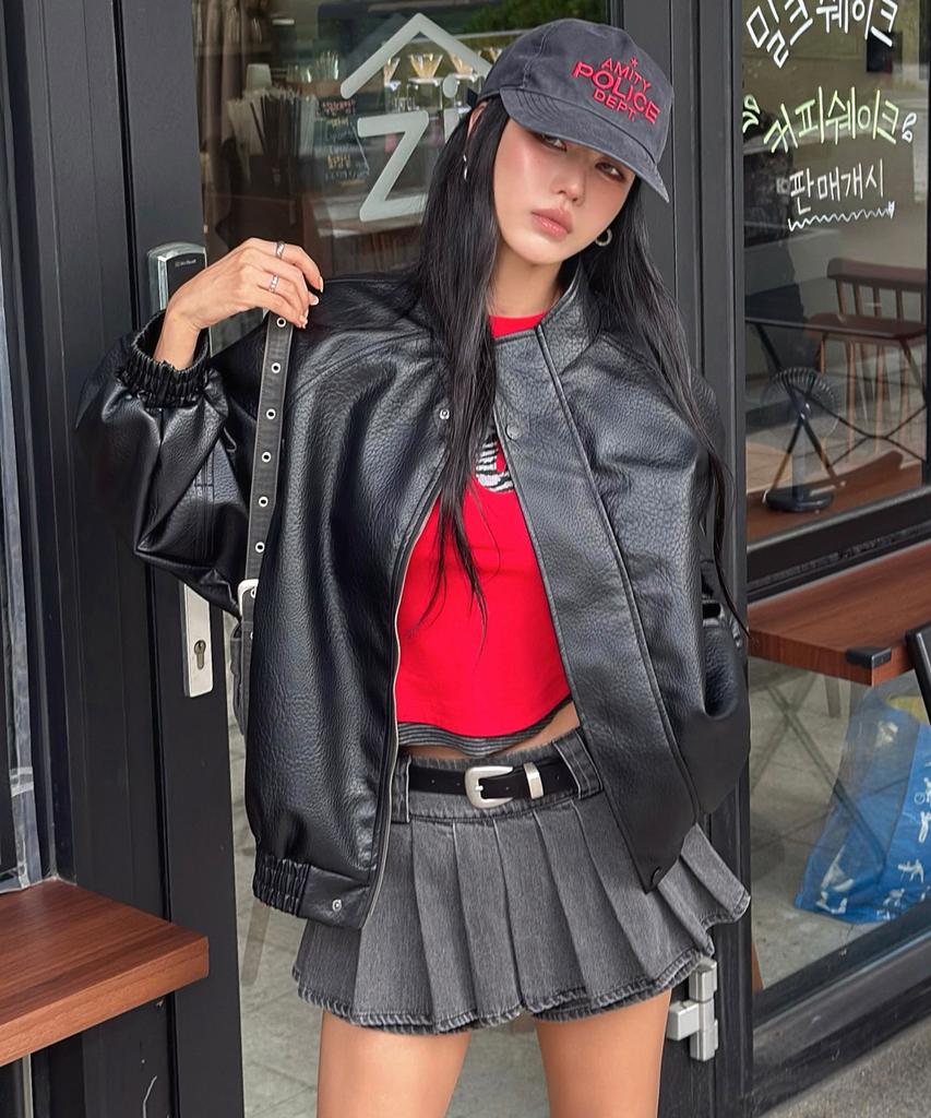 LADY VOLUME 9253 Oversized Leather Blouson (Black)