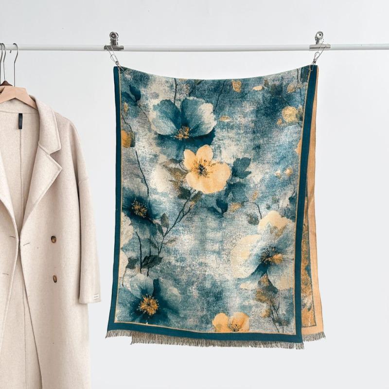

Vintage oil painting style flower short beard thickened double-sided scarf air-conditioned room shawl winter women s outer cape women 185x65cm зелёный
