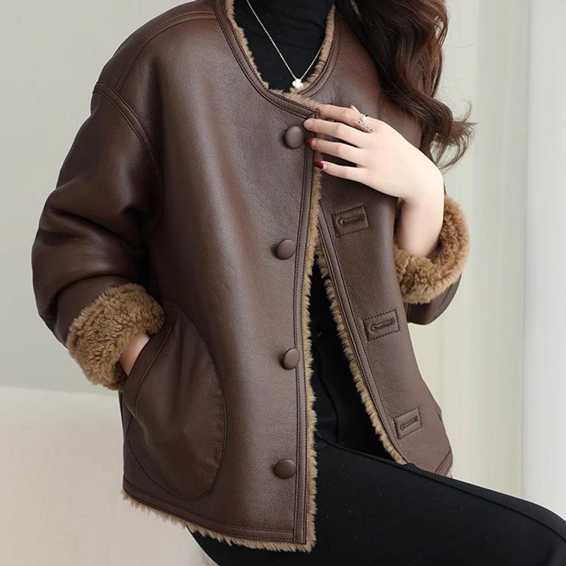 Coat for Women Autumn Winter PU Leather Thickened Faux Shearling Casual Oversize Double Layer Windbreaker Jacket