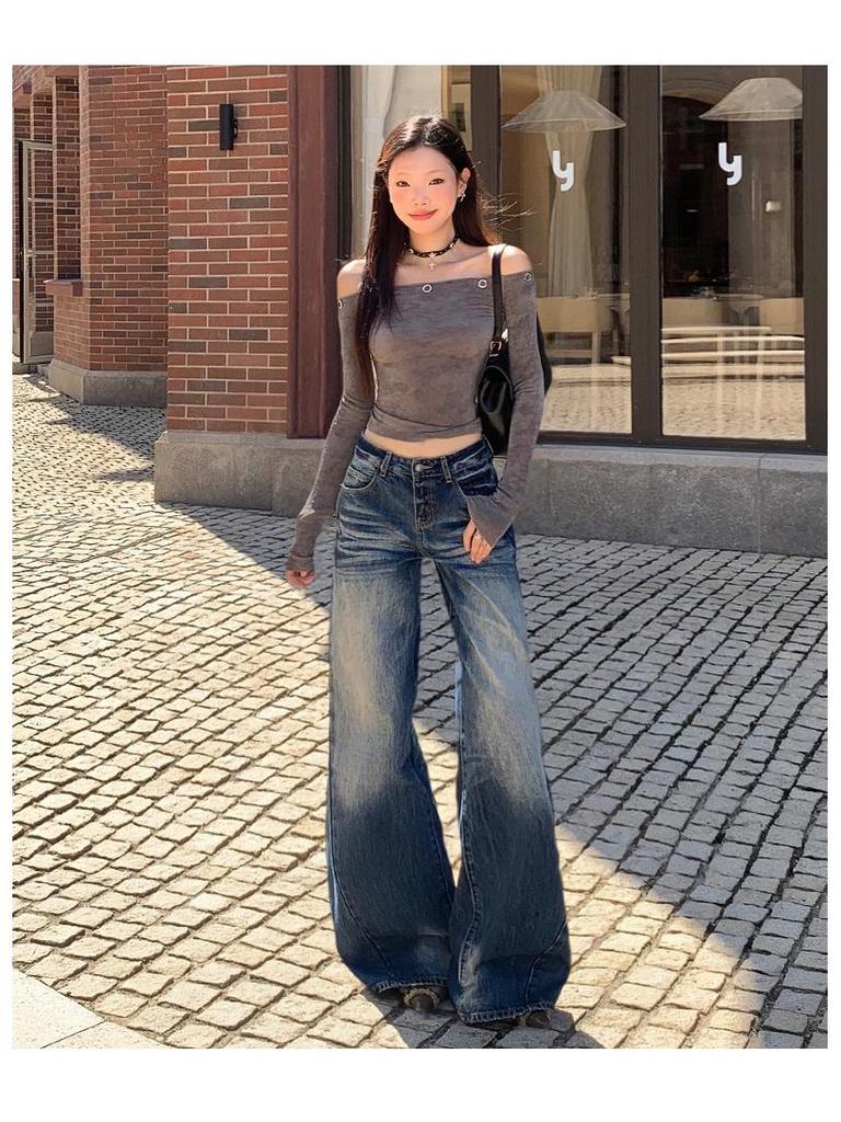 Retro Blue High-Waisted Wide-Leg Jeans for Women – Autumn/Winter 2025 Collection, Floor-Length and Slimming Design