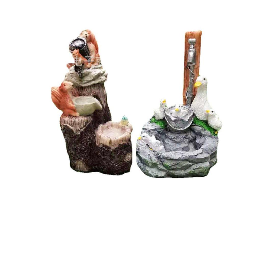 Resin Duck & Squirrel Solar Garden Water Feature Statue
