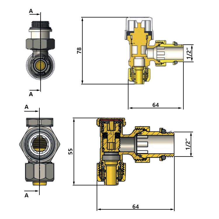 Angled Thermostatic Set (Supply, Return, Head), Pex Connection