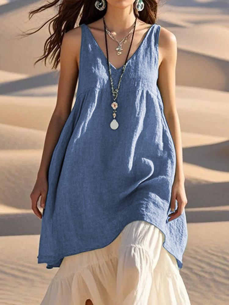 Abito da Spiaggia Casual Estivo da Donna con Scollo a V Senza Maniche in Cotone e Lino
