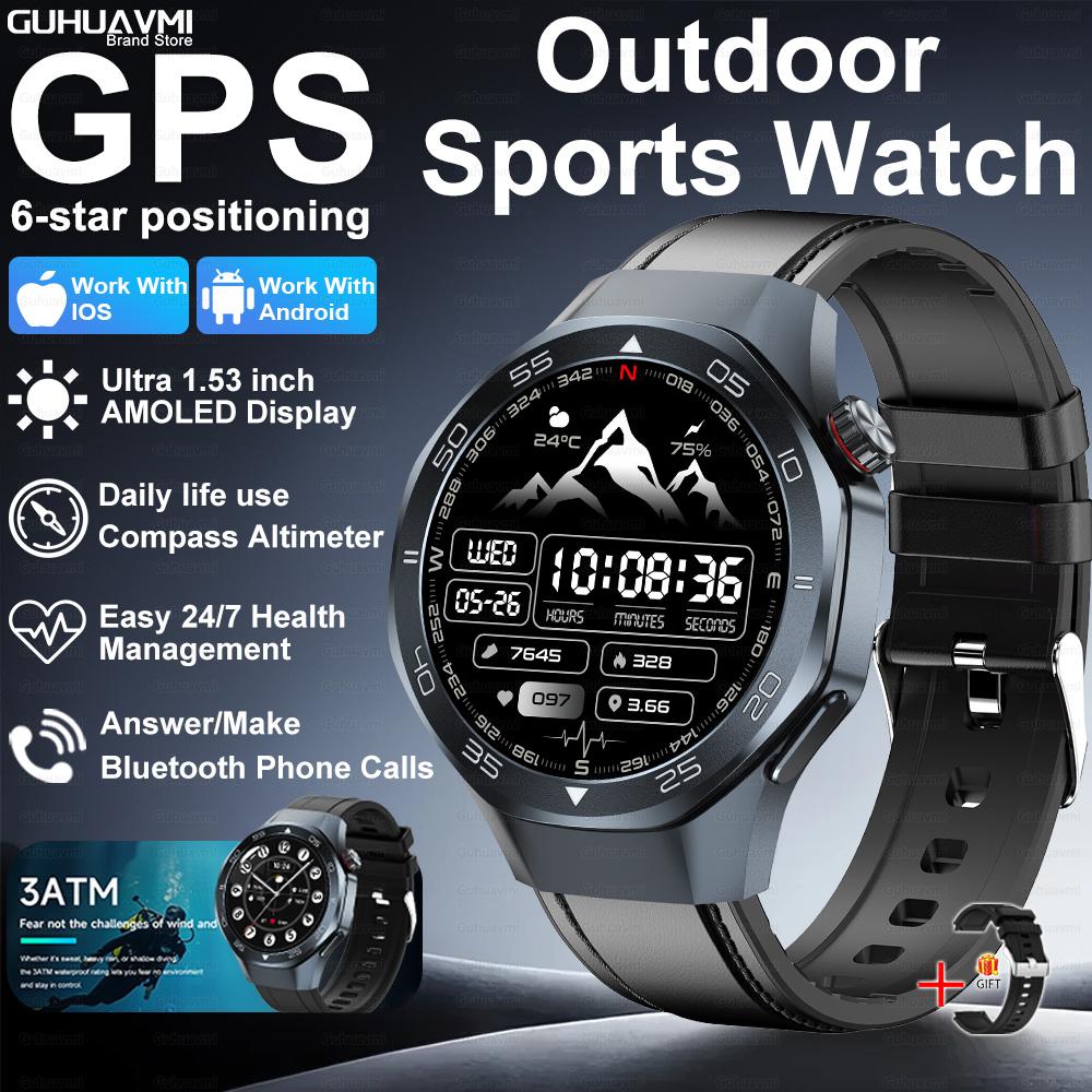 New GPS Position Smart Watch Men 1.53'' AMOLED HD Screen Compass Heart Rate 3ATM Waterproof Call Sports Business Smart Watch