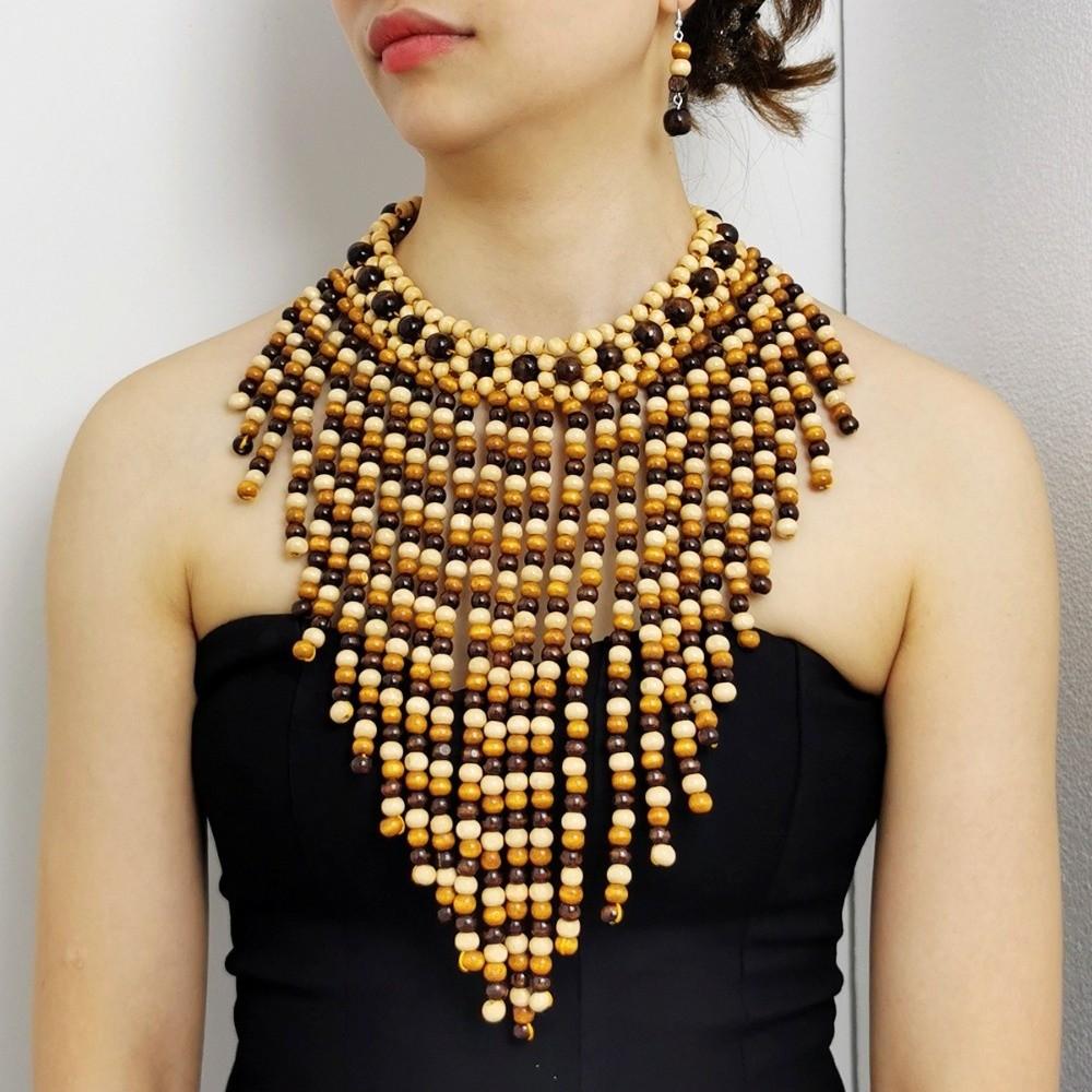 Handmade Necklace Earrings Set Wood Ear Studs Vintage Tassel Necklace Evening