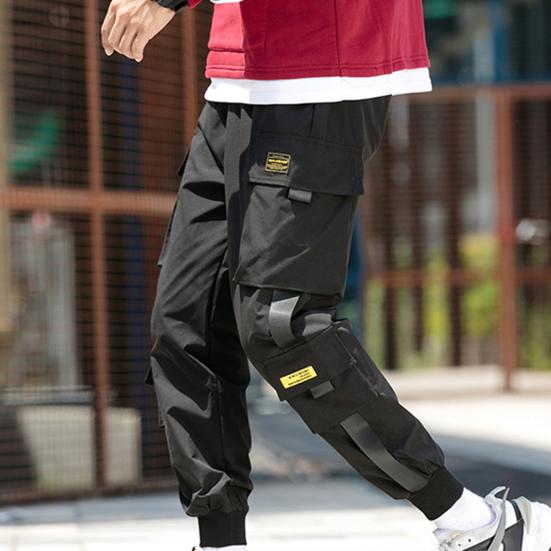 Men Cargo Pants Side Pockets Stretchy Waist Drawstring Strap Decor Ankle-banded Jogger Pants Daily Clothes