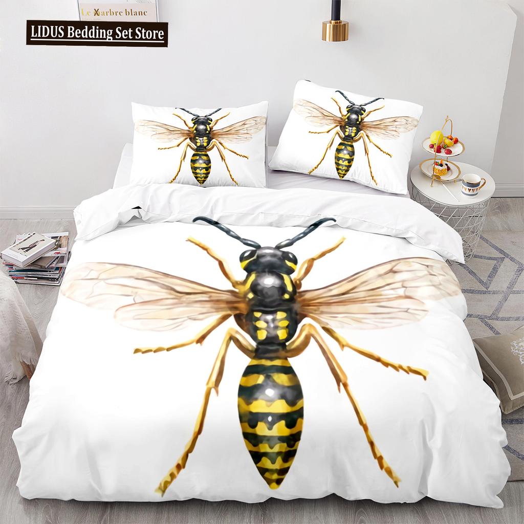 Bienen Bettbezug Set King Queen Größe Gelb Weiß Schwarz Cartoon Wütende Biene 3D Gedruckt Für Kinder Junge Mädchen Teenager Polyester Bettwäsche Set