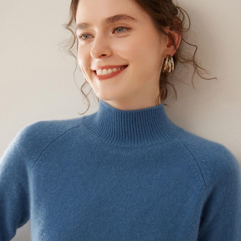Women's 100% Pure Cashmere Soft Knit Sweater, Half-High Neck, Loose, Skin-Friendly, Slimming Base Layer