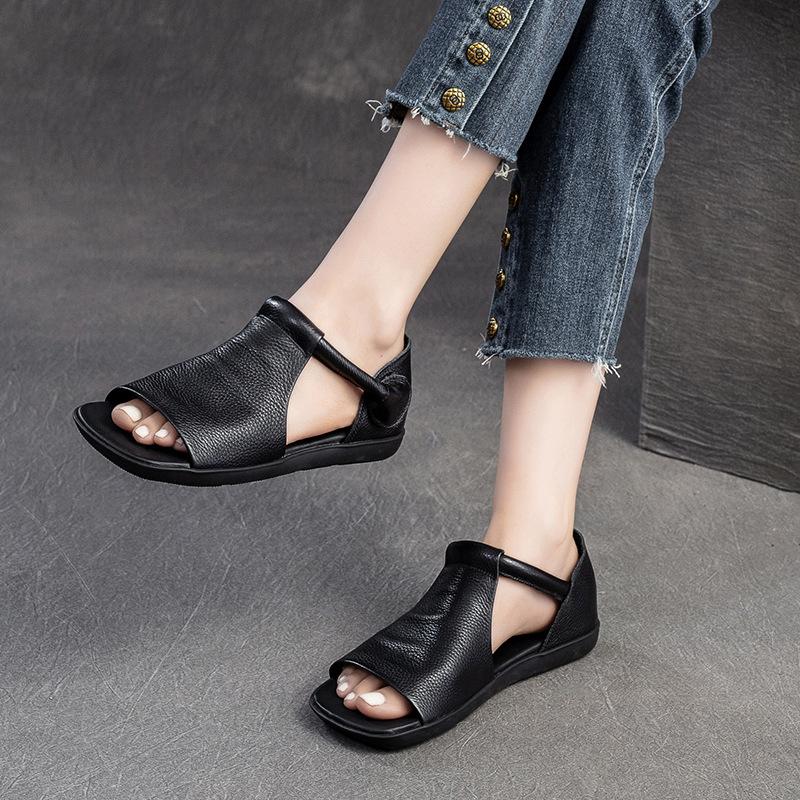 Fashion 2cm Sandas Cow Genuine Leather Rubber Peep Toe Hollow Ankle Hook Flats Breathable Women Boots Comfy Summer Oxfords Shoes