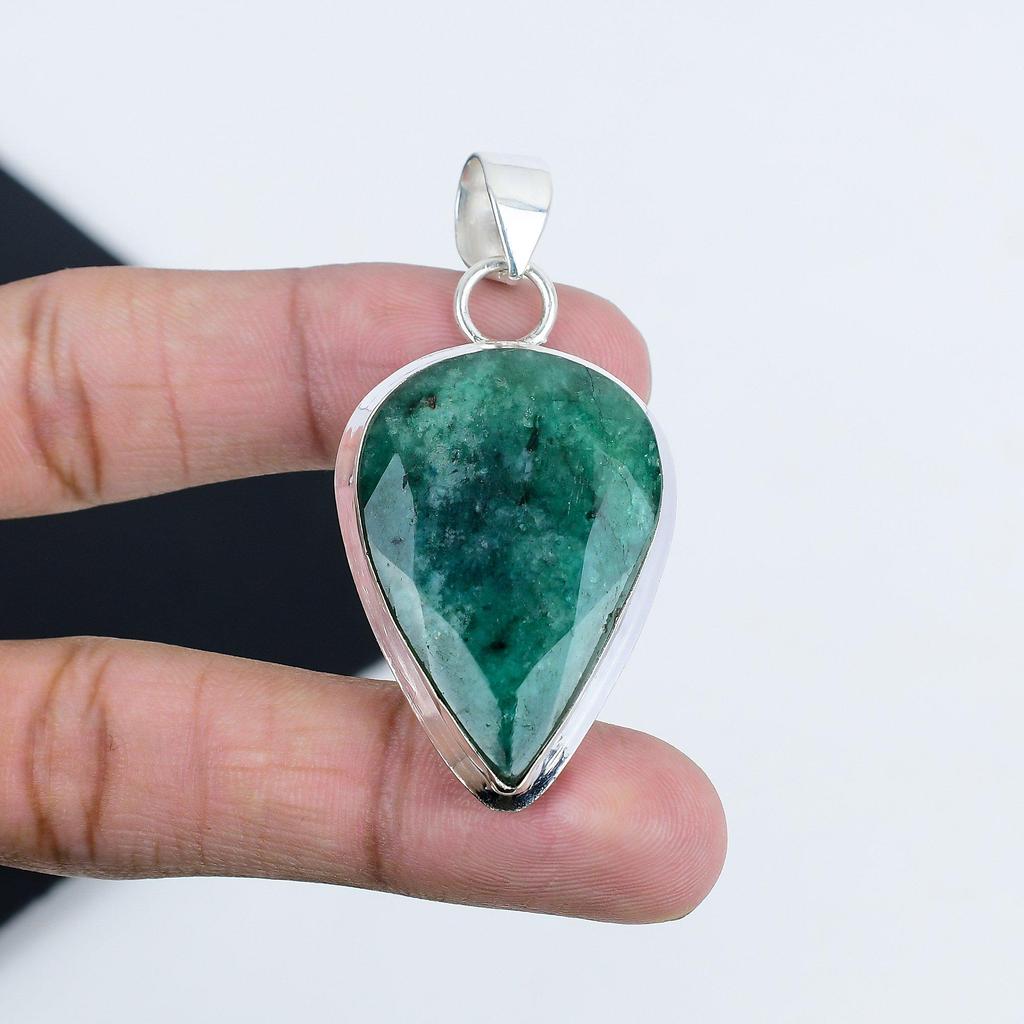 Beautiful Emerald Gemstone Silver Pendant In 925 Sterling Silver - Handmade Pear Design, Everyday Wear Jewelry Father's Day Gift