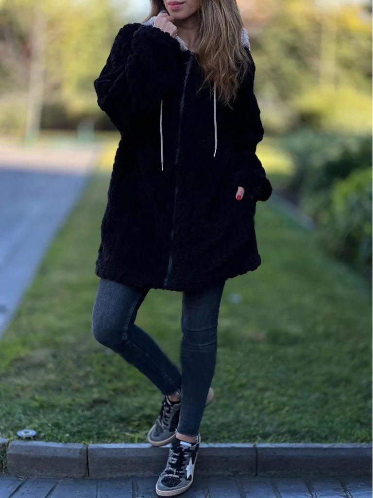 Women's Hooded Fuzzy Zipper Jacket - Solid Color, Long Sleeve, Autumn/Winter Collection 2025