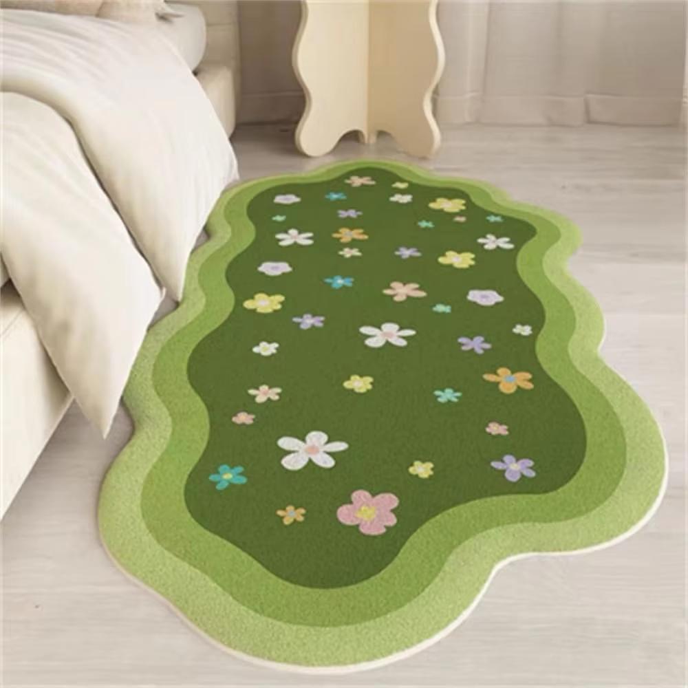 Green Bedroom Rug Fluffy Bedside Carpet Spring Floral and Moss Soft Cute Area Rugs for Bedroom Hallway Home Decoration
