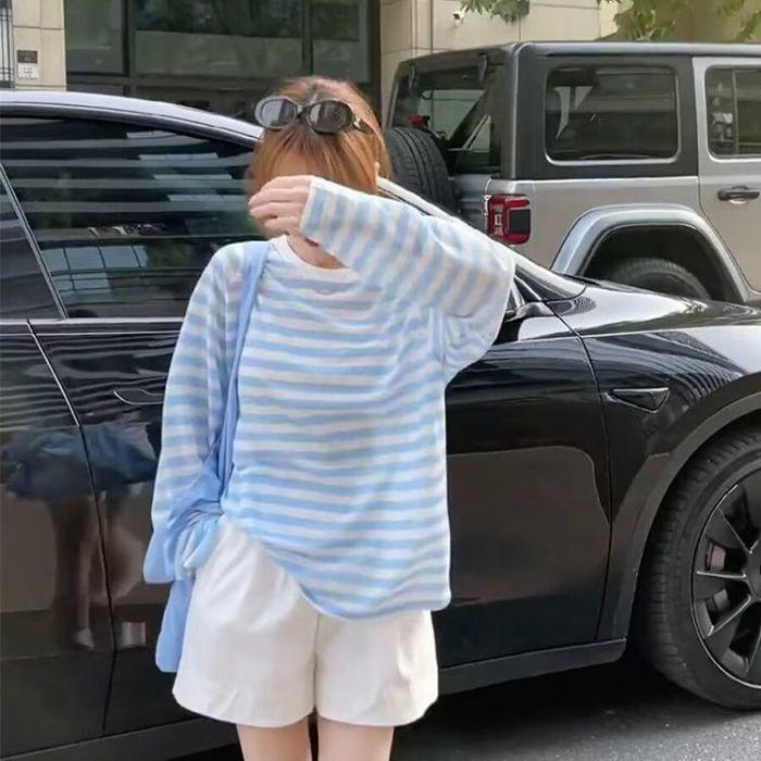 Women's Long Sleeve Color Block Striped Cardigan: Casual, Loose, Thin Sun Protection Summer 2025 Top