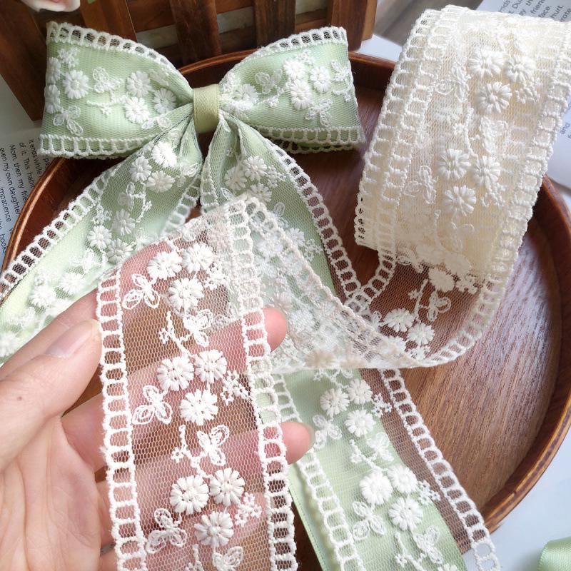 Beige 4cm Embroidered Lace Trim Bow for Hair Accessories, Lolita Ornaments, Bouquet Decoration, Ribbon Craft.
