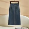 Women's Retro High-Waisted A-Line Denim Skirt - Mid-Length, Slit, Hip-Hugging for Petite Girls - Spring/Autumn Style