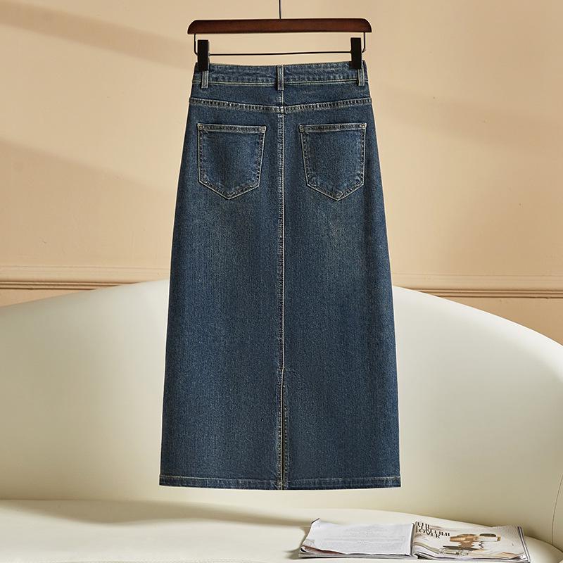 Women's Retro High-Waisted A-Line Denim Skirt - Mid-Length, Slit, Hip-Hugging for Petite Girls - Spring/Autumn Style