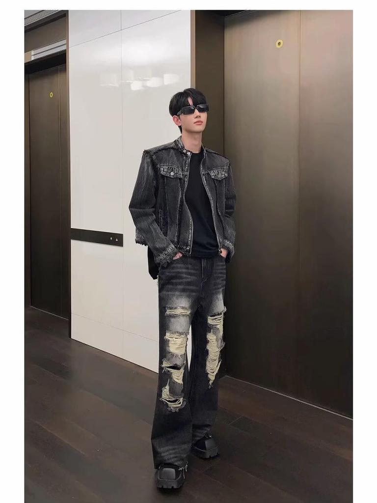 Herren High-End Distressed Denimjacke - Frühling & Herbst Schulterpolster Motorradstil