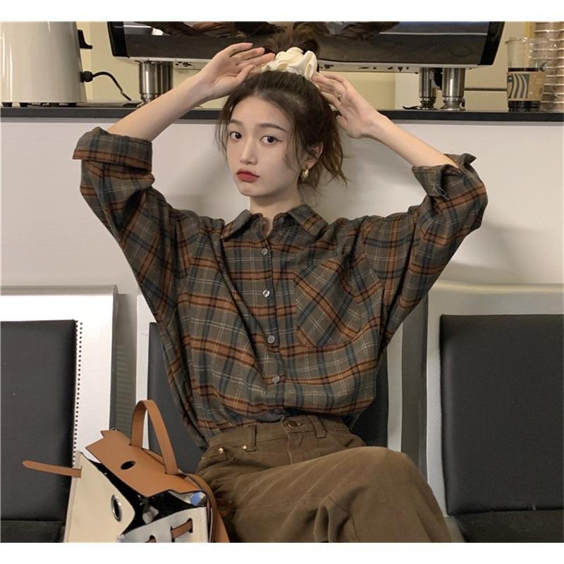 Women's Vintage Plaid Shirt Long Sleeve Loose Casual Button Up Blouse