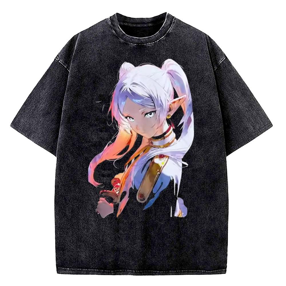 Frieren Vintage Washed cotton t shirt teen graphic Retro Pastel Y2k Grunge shirt harajuku Colorful Digital graphic streetwear