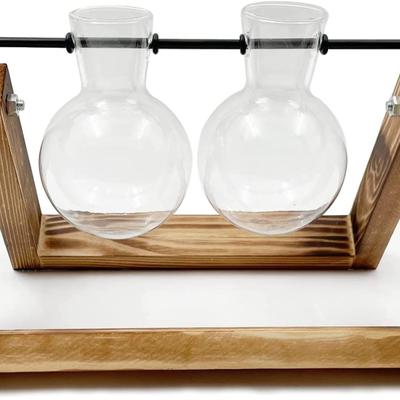 1Set Terrarium Hydroponic Plant Vases Vintage Flower Pot Transparent Vase Wooden Frame Glass Tabletop Plants Home Bonsai Decor