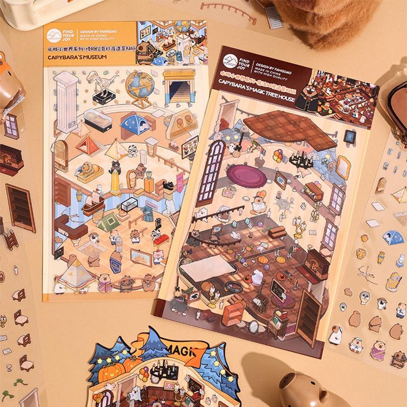 Cartoon Capybara Landscape Sticker Kawaii 3D Miniature Scene DIY Cabin Scene Visual Stacking Pasting Sticker Gift for