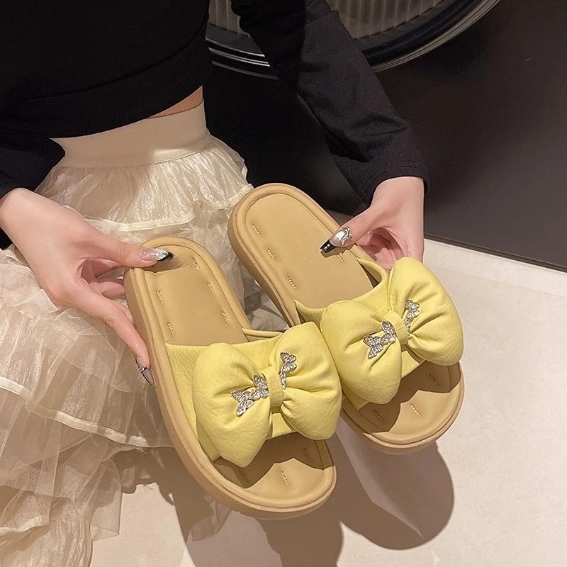 

Fashion Women s Plus Size Soft Slip Slippers Summer New Round Toe Open Toe Bow Sequin Waterproof Non-Slip Flat Romans 40 жёлтый