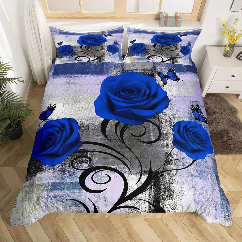 Rose Flowers Duvet Cover Set Butterfly Garden Bedding Sets Girls Women Floral Fresh Nature Blooming Rose Comforter Cover 3 Pcs