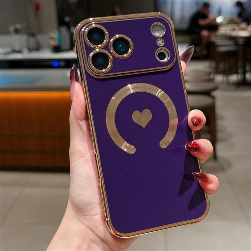 For iPhone 17 Pro Max Magnetic Case Electroplating Soft TPU Cover with Cute Love Heart