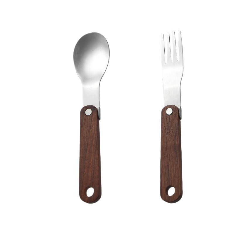 Portable Stainless Steel Folding Cutlery Set with Walnut Handle