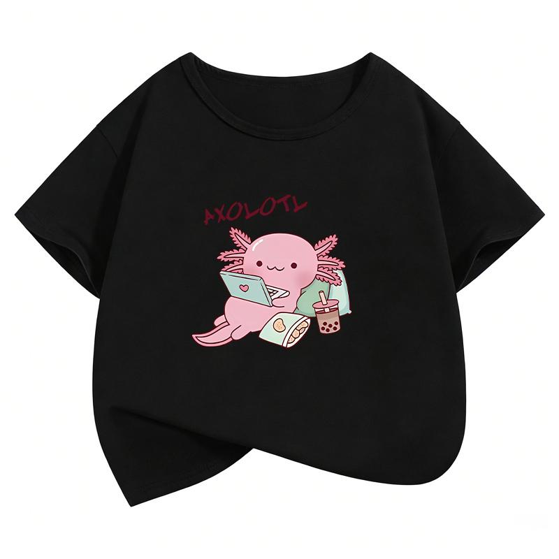 New Animal Axolotl Drinking Bubble Tea T Shirts Funny Summer Kids Childrens Tshirt Boys Girls Casual Top Tee