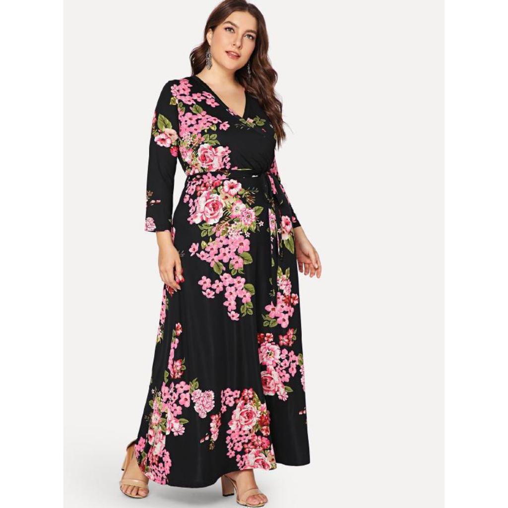 Women's V Neck Long Sleeve Printed Maxi Dress High Waist Casual Plus Size Gown