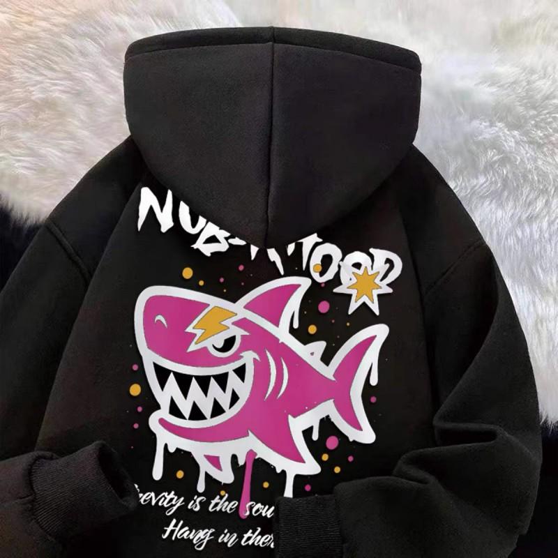 Pink Shark Graffiti Hoodie Unisex Oversized Sweatshirt Winter Thick Cotton Lined Casual Streetwear