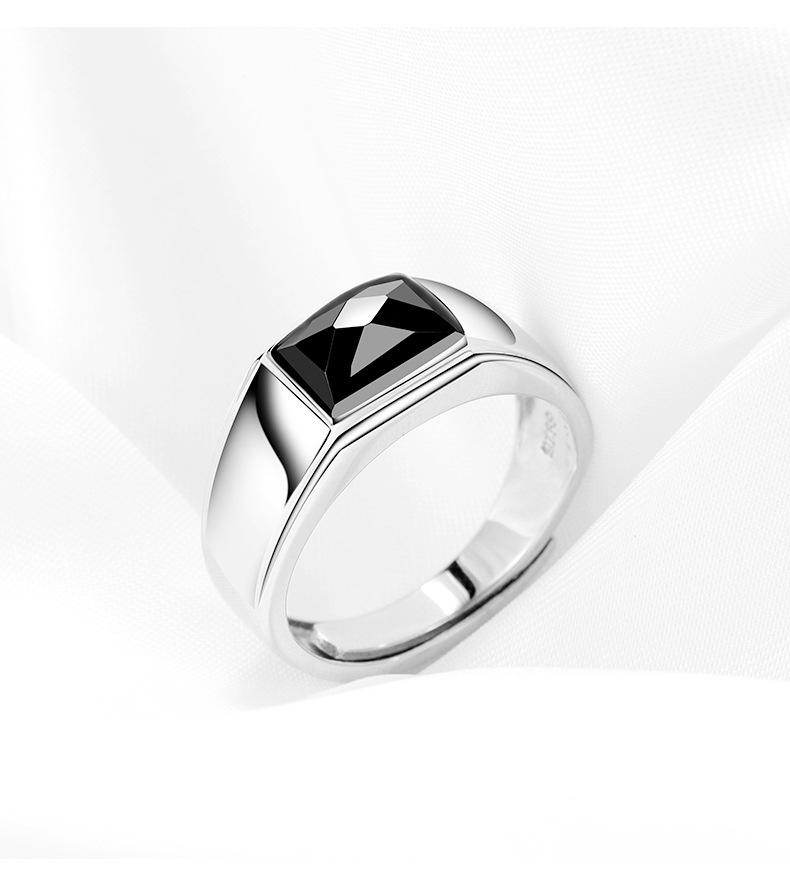 925 Sterling Silver Men's & Women's Open Ring with Black Agate - Elegant and Unique Design
