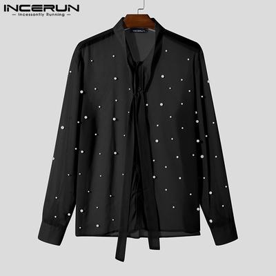 Men Lace Up Neck Pearl Decoration Mesh Long Sleeve T-shirts Tops 