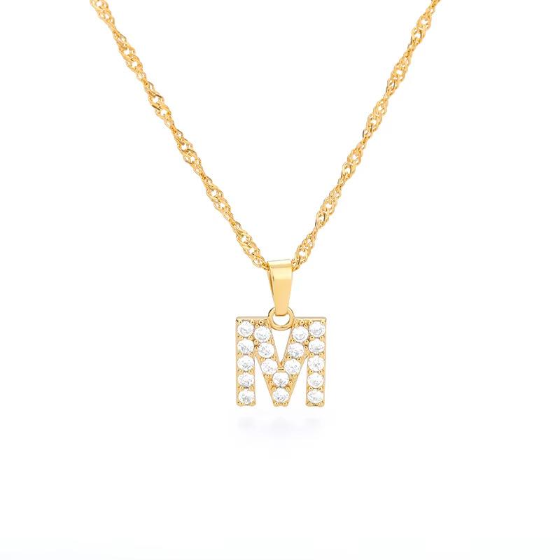 New English letter necklace plated with real gold and slightly inlaid with zircon letter pendant stainless steel chain