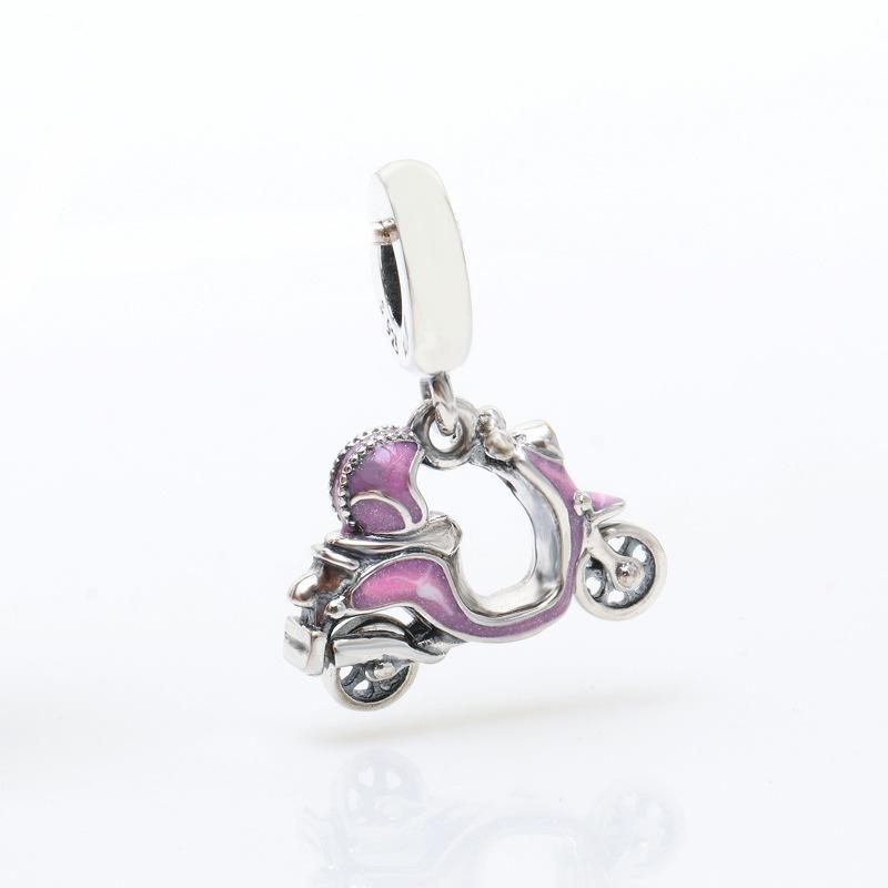 Silver-Plated Pink Motorcycle Pendant Charm Necklace - European and American Fashion Gift for Women