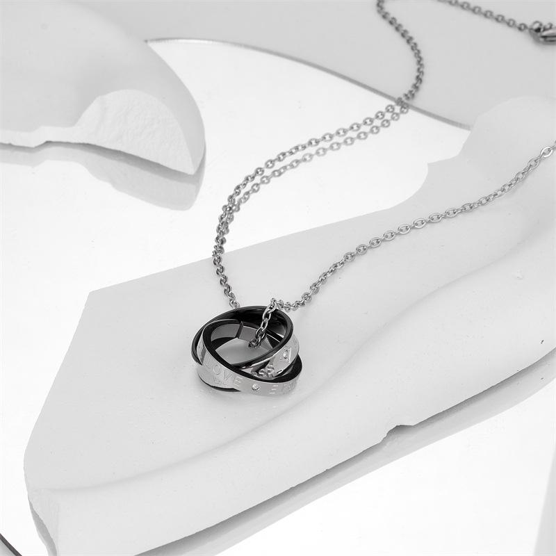 Eternal Love Hip Hop Stainless Steel Couple Pendant Necklace with Double Ring Diamond Inlay for Men and Women