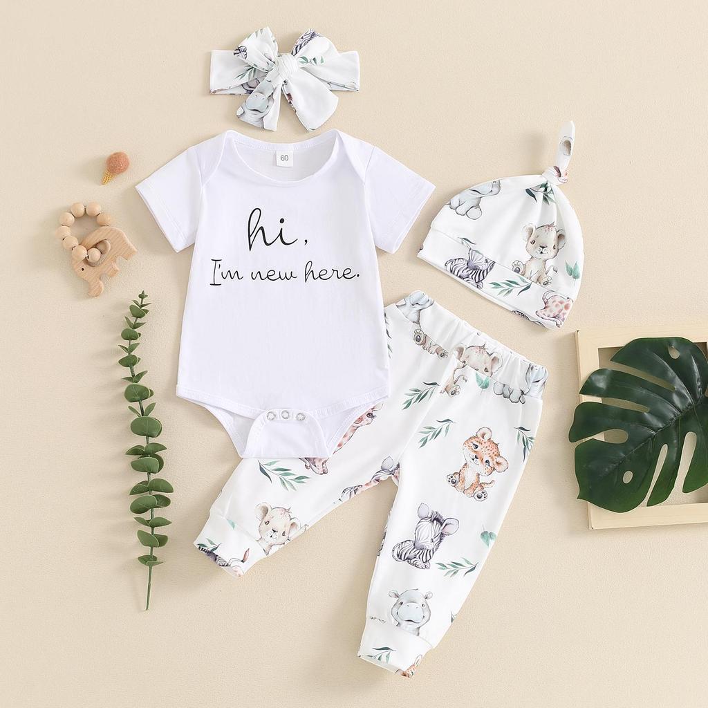 Baby Boys Girls Summer Outfits 3 6 Months Short Sleeve Animal Print Romper + Pants + Headband + Hat Set Infant Clothes