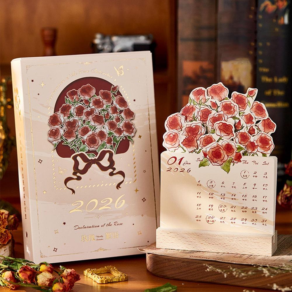 Simple 2026 Desk Calendar Card Insert With Wooden Base Mini Calendar Rose Painting Monthly Planner Gifts