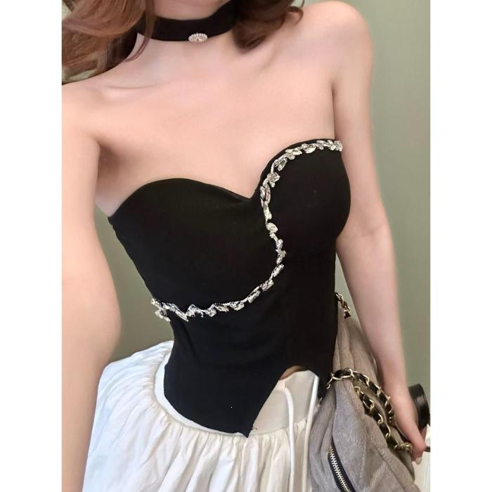 With chest pad, with scarf, heavy industry flash diamond collar design, small fragrant vest, tube top, sexy hottie outerwear top